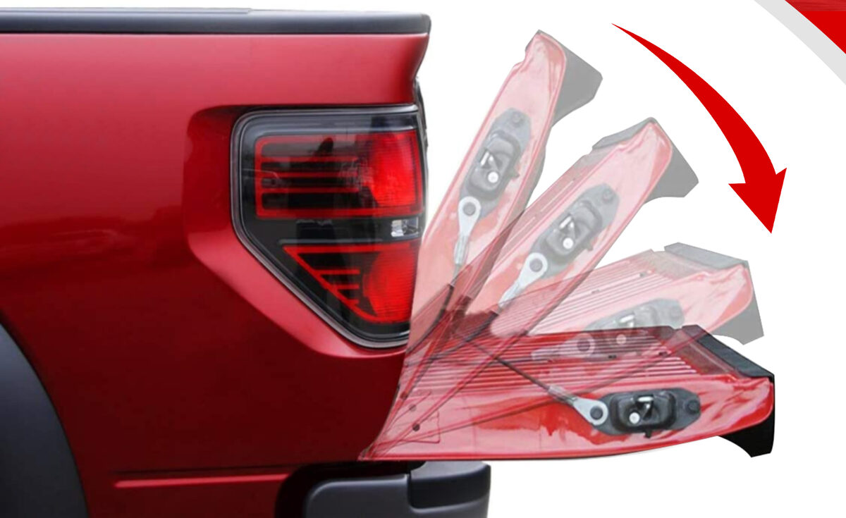 A red pickup tailgate lowering slowly in stages, damped by an IAQWE tailgate assist shock