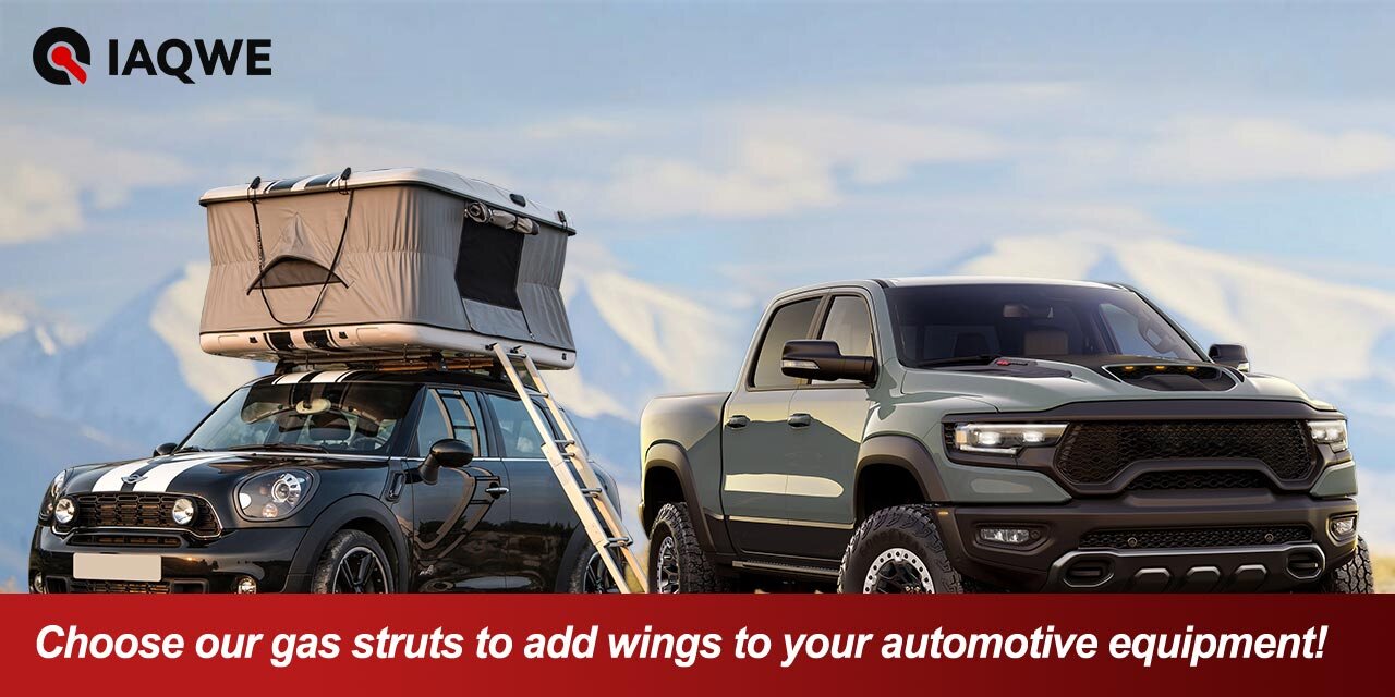 IAQWE banner with a rooftop-tent mini and a Ram pickup: choose our gas struts to add wings to your automotive equipment